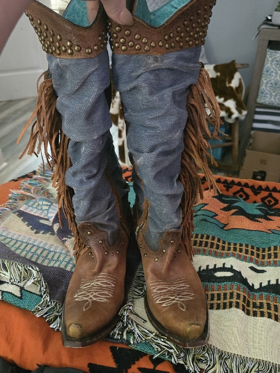 Corral Boots Shoes - Rust Brown Fringe Studded Women’s Heeled Cowboy Boots